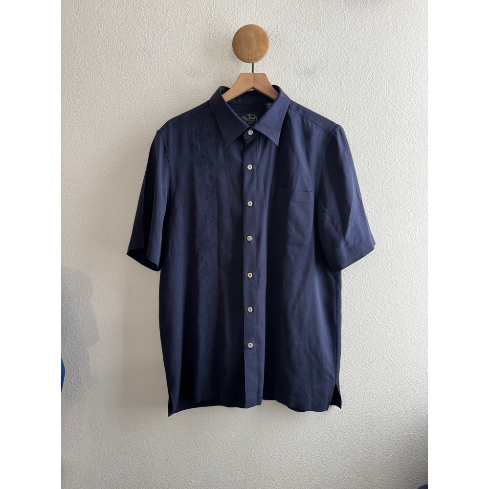 Nat Nast Mens Silk Embroidered Camp Shirt Navy Size Medium